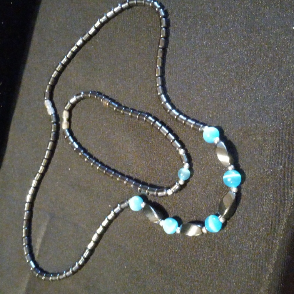 Hermatite and blue cats eye quartz necklace and bracelet